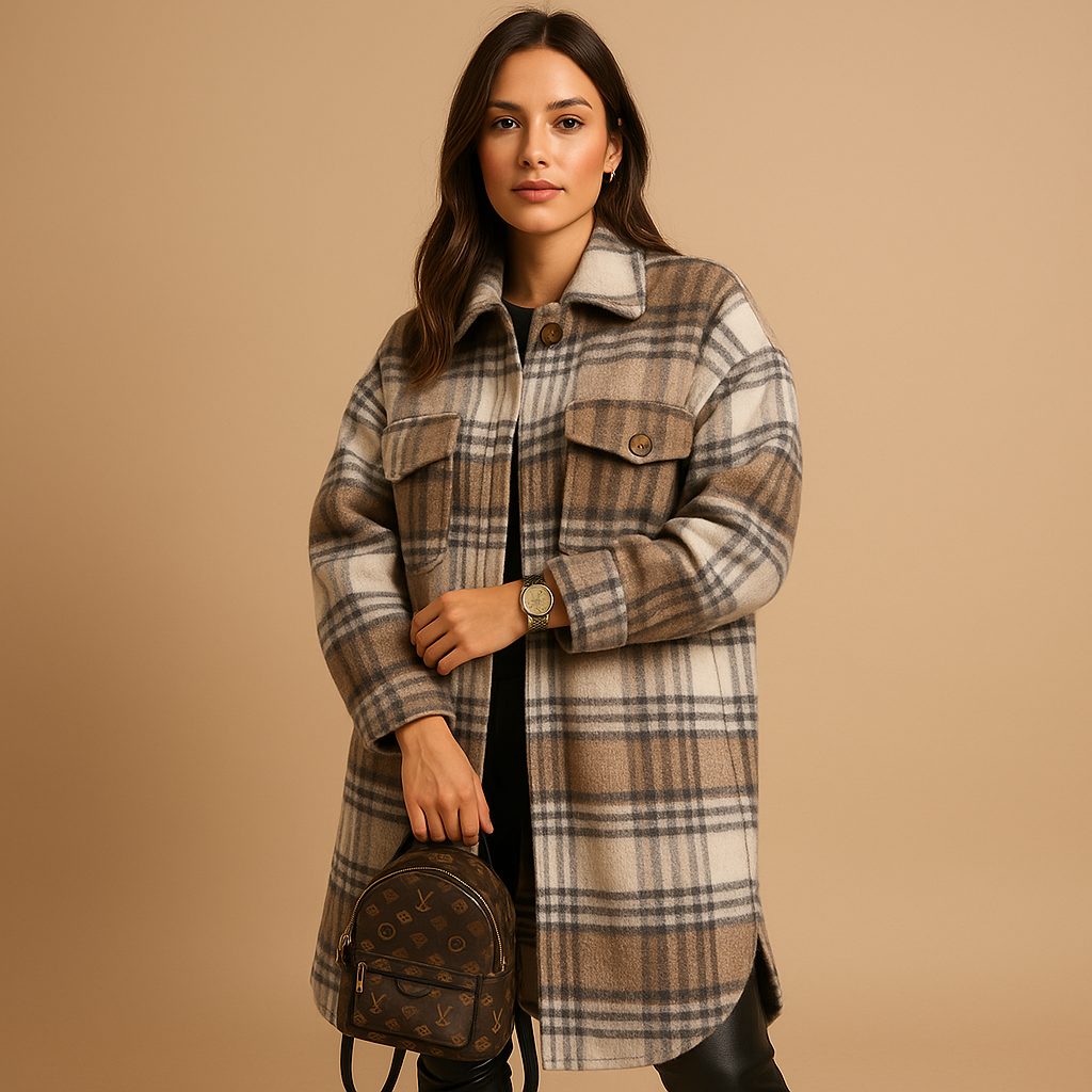 Lange geruite jas voor dames in wol-look met getailleerde pasvorm, zachte binnenkant en klassieke uitstraling. Perfect voor dagelijks en formeel gebruik.