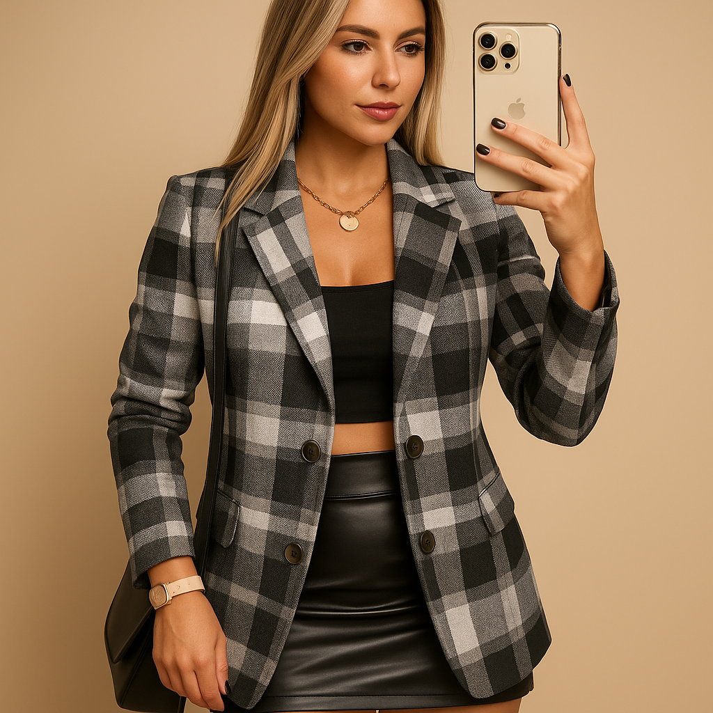 Lange damesblazer met gewatteerde voering en ruitdesign, ideaal voor koude dagen en stijlvolle winteroutfits.