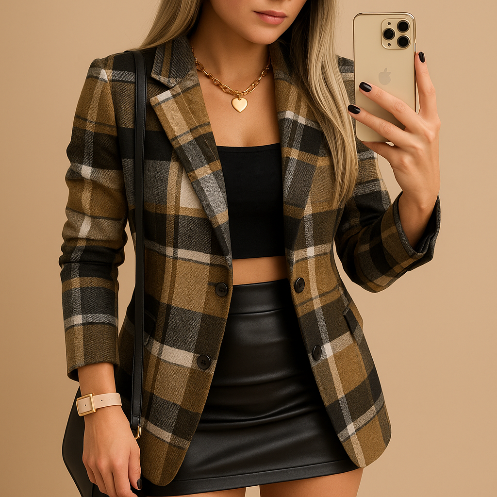 Lange damesblazer met gewatteerde voering en ruitdesign, ideaal voor koude dagen en stijlvolle winteroutfits.