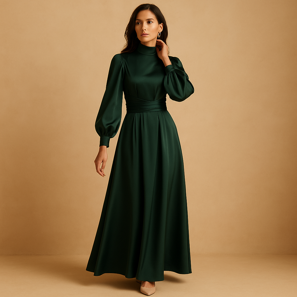 Diepgroene damesjurk met tailleband, lange mouwen en vloeiende pasvorm, perfect voor bruiloften en gala’s