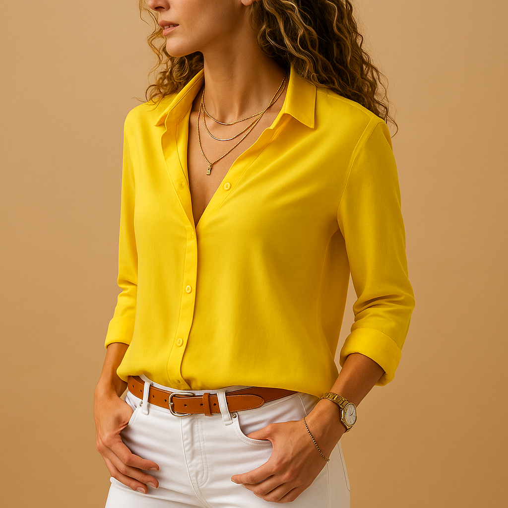 Dames blouse met lange mouwen, V-hals en knoopsluiting in een modern en verfijnd ontwerp, ideaal voor werk en casual gelegenheden.