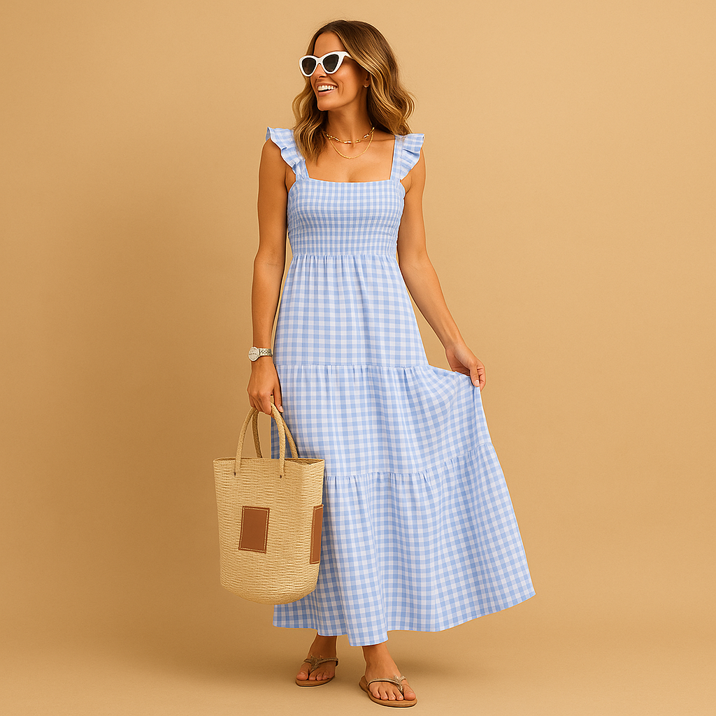 Lange dames zomerjurk zonder mouwen met vloeiende pasvorm, perfect voor warme dagen, feestjes of casual momenten.