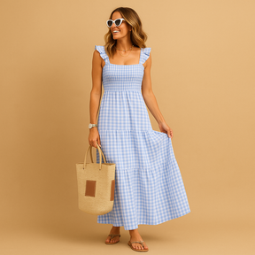 Lange dames zomerjurk zonder mouwen met vloeiende pasvorm, perfect voor warme dagen, feestjes of casual momenten.