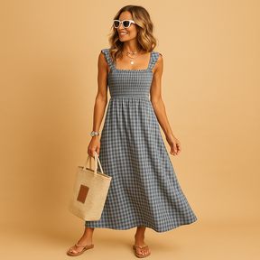 Lange dames zomerjurk zonder mouwen met vloeiende pasvorm, perfect voor warme dagen, feestjes of casual momenten.