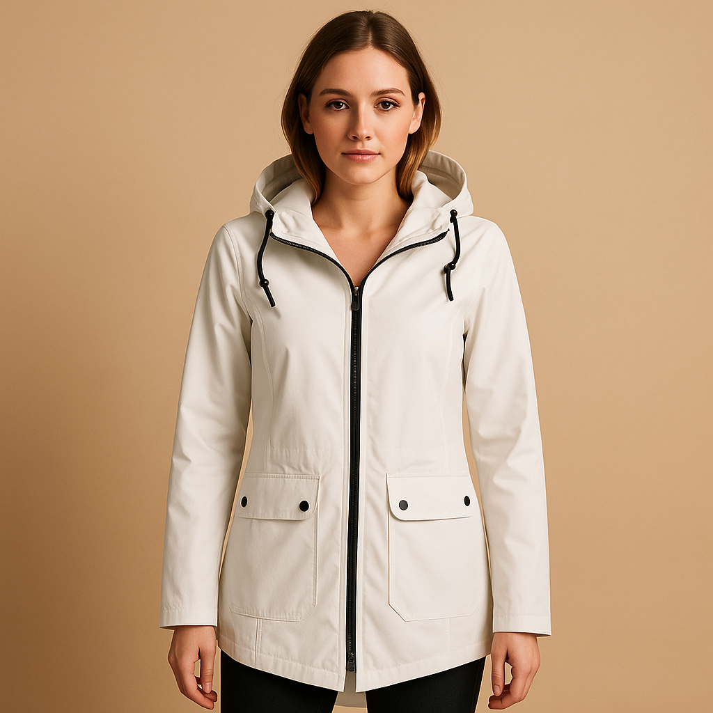 Lange waterafstotende regenjas met capuchon voor dames, ademend materiaal, ideaal voor dagelijks gebruik in weer en wind.