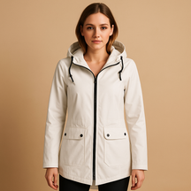 Lange waterafstotende regenjas met capuchon voor dames, ademend materiaal, ideaal voor dagelijks gebruik in weer en wind.