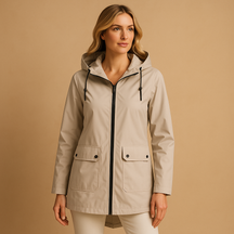 Lange waterafstotende regenjas met capuchon voor dames, ademend materiaal, ideaal voor dagelijks gebruik in weer en wind.