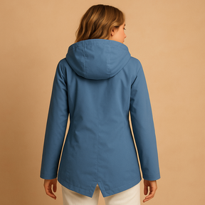 Lange waterafstotende regenjas met capuchon voor dames, ademend materiaal, ideaal voor dagelijks gebruik in weer en wind.