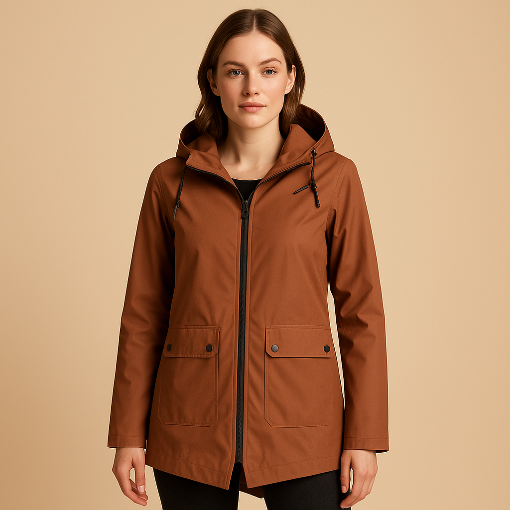 Lange waterafstotende regenjas met capuchon voor dames, ademend materiaal, ideaal voor dagelijks gebruik in weer en wind.