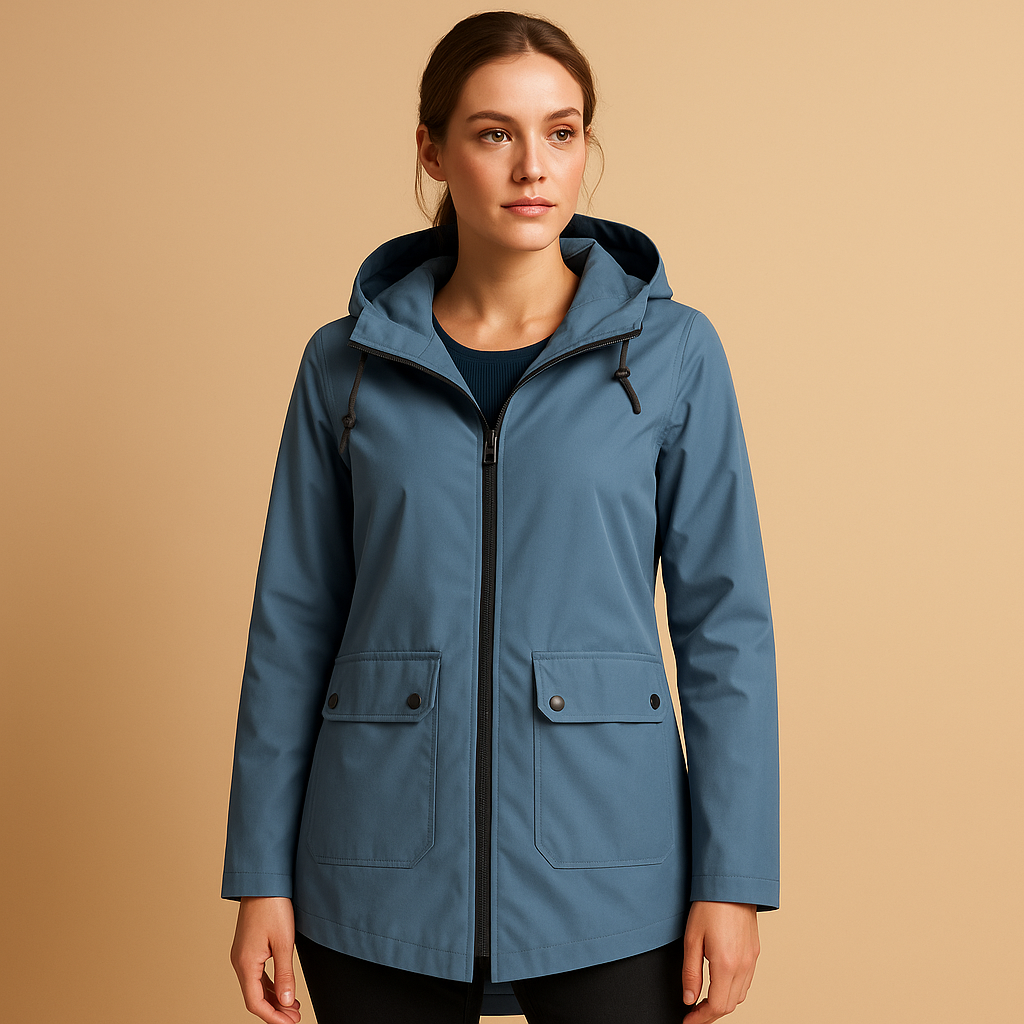 Lange waterafstotende regenjas met capuchon voor dames, ademend materiaal, ideaal voor dagelijks gebruik in weer en wind.