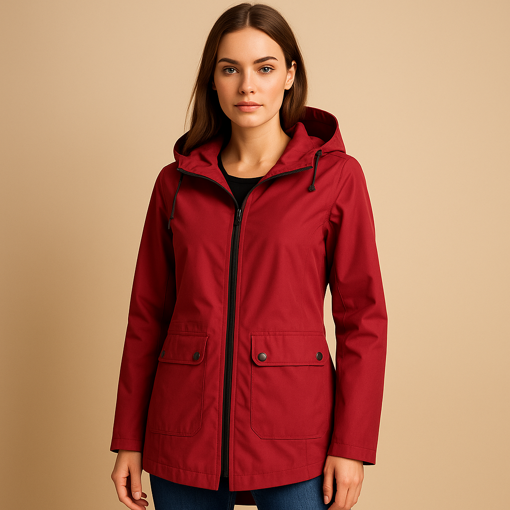 Lange waterafstotende regenjas met capuchon voor dames, ademend materiaal, ideaal voor dagelijks gebruik in weer en wind.