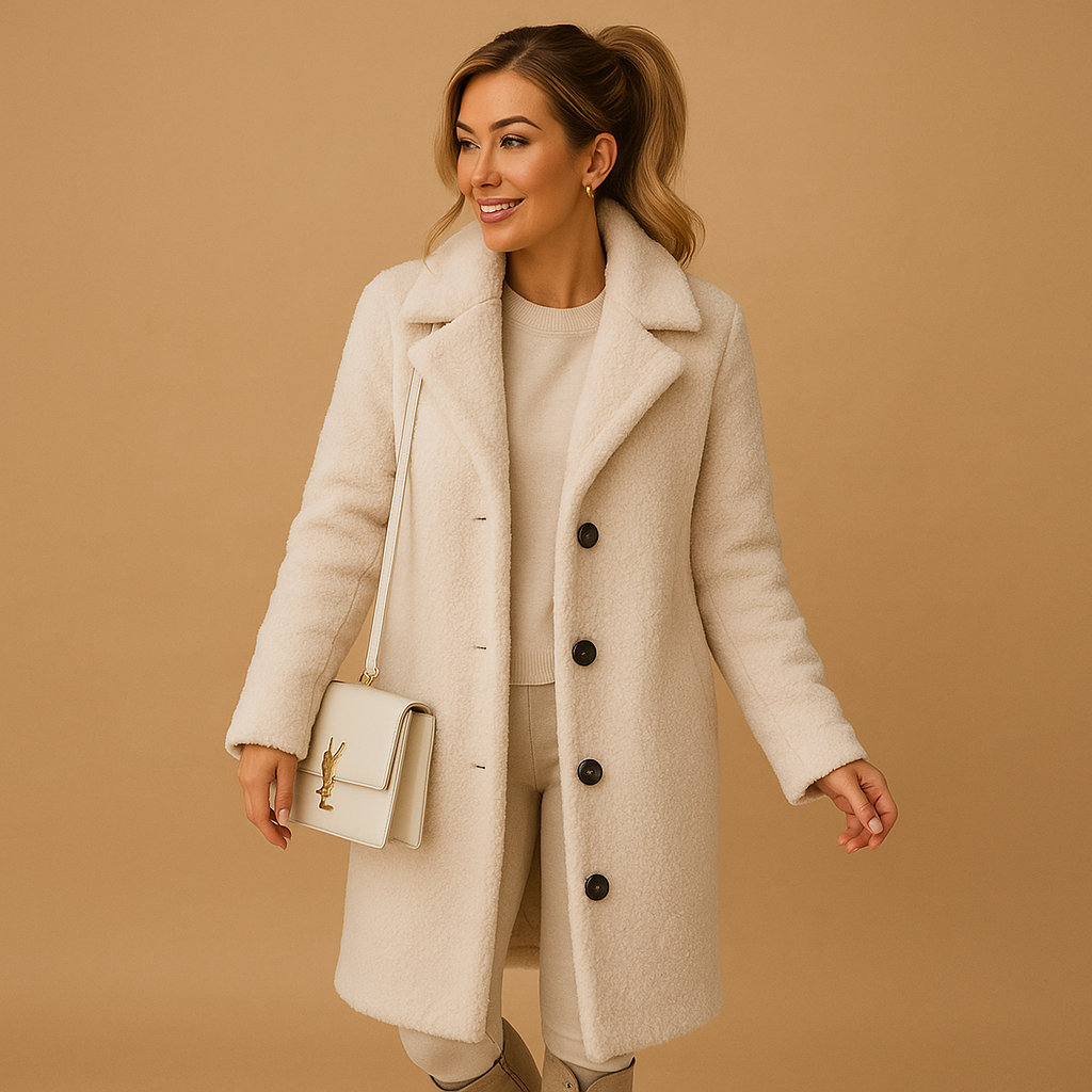 Lange teddy jas in beige voor dames van ultrazacht materiaal met elegante pasvorm, perfect voor stijlvolle en warme winterdagen.