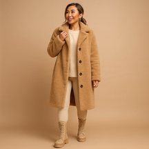 Lange teddy jas in beige voor dames van ultrazacht materiaal met elegante pasvorm, perfect voor stijlvolle en warme winterdagen.