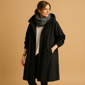 Lange waterdichte regenjas voor dames met verstelbare taille, capuchon en ceintuur in groen, beige of zwart.