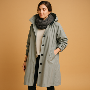 Lange waterdichte regenjas voor dames met verstelbare taille, capuchon en ceintuur in groen, beige of zwart.