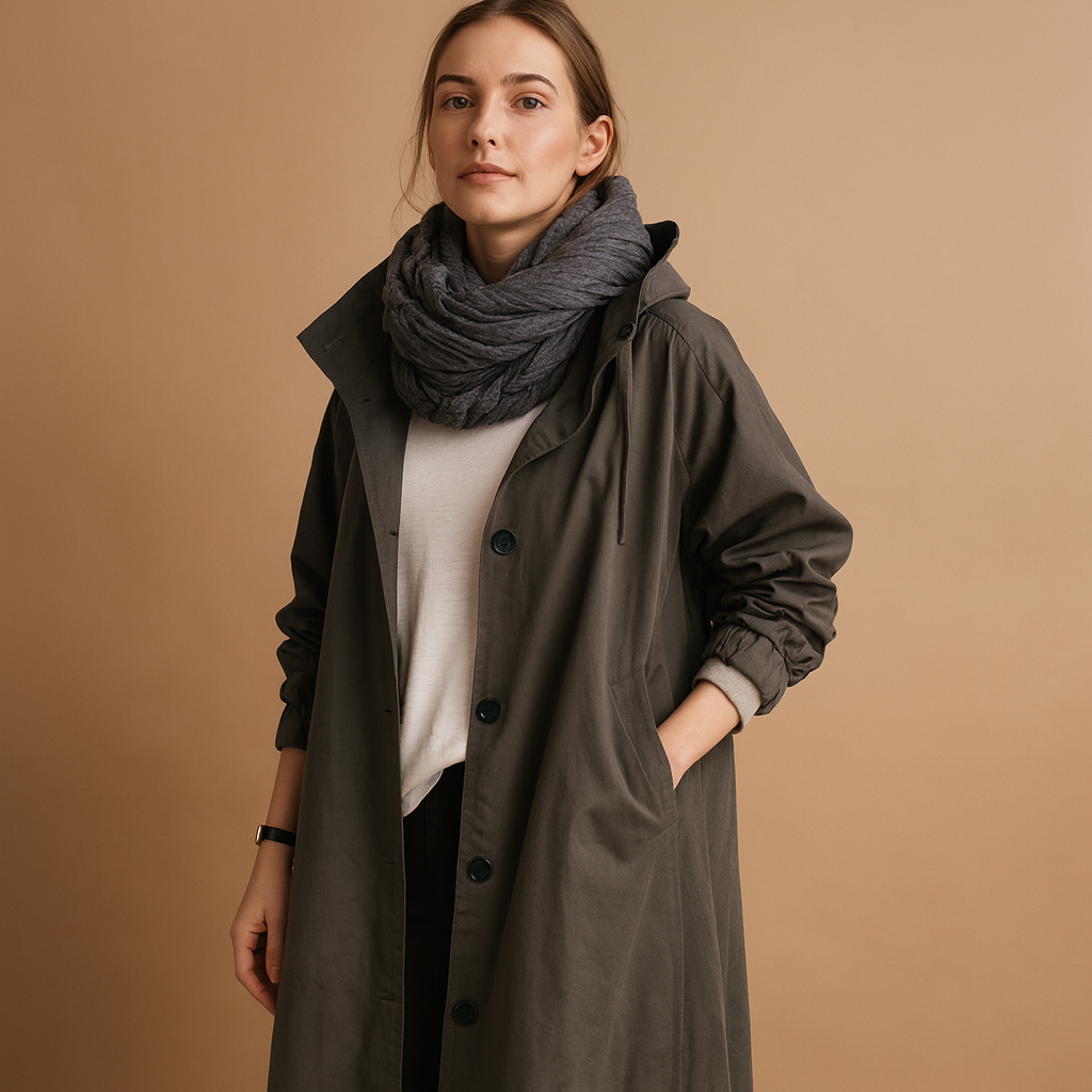 Lange waterdichte regenjas voor dames met verstelbare taille, capuchon en ceintuur in groen, beige of zwart.