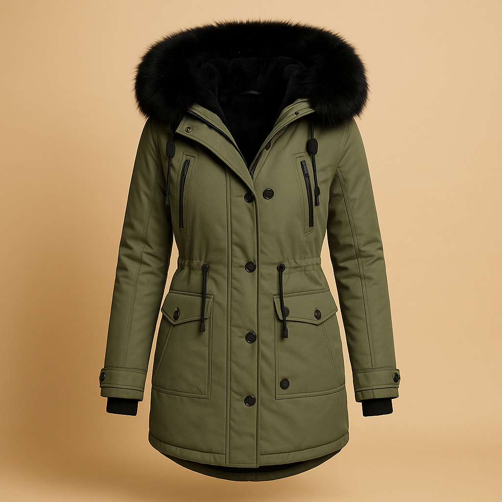Lange waterdichte winterjas voor dames met luxe bontkraag, warme voering en verlengd silhouet. Perfect voor koude en natte winterdagen.