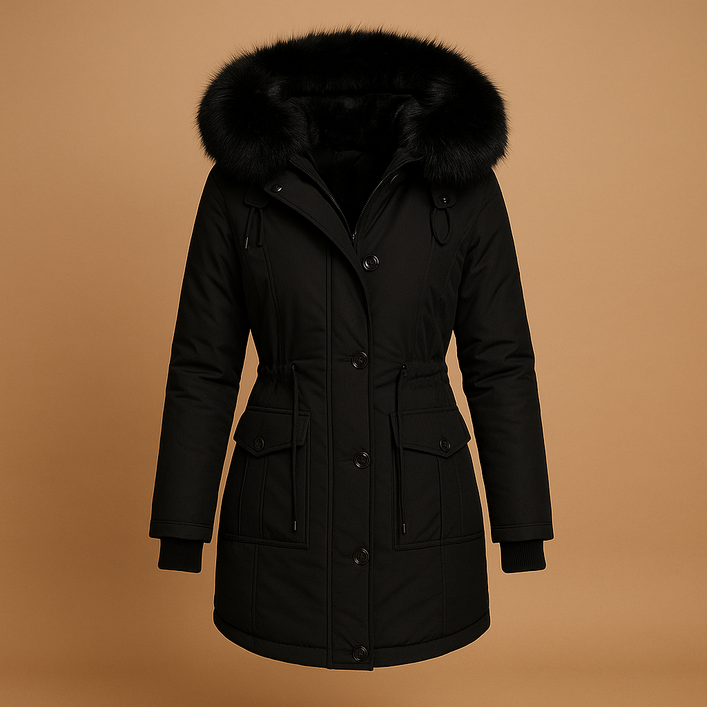 Lange waterdichte winterjas voor dames met luxe bontkraag, warme voering en verlengd silhouet. Perfect voor koude en natte winterdagen.
