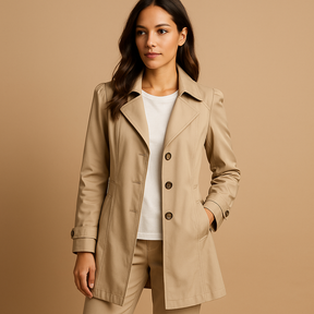 Lange winddichte regenjas voor dames in zwart of beige met verstelbare taille en capuchon, ideaal voor regenachtige en winderige dagen.