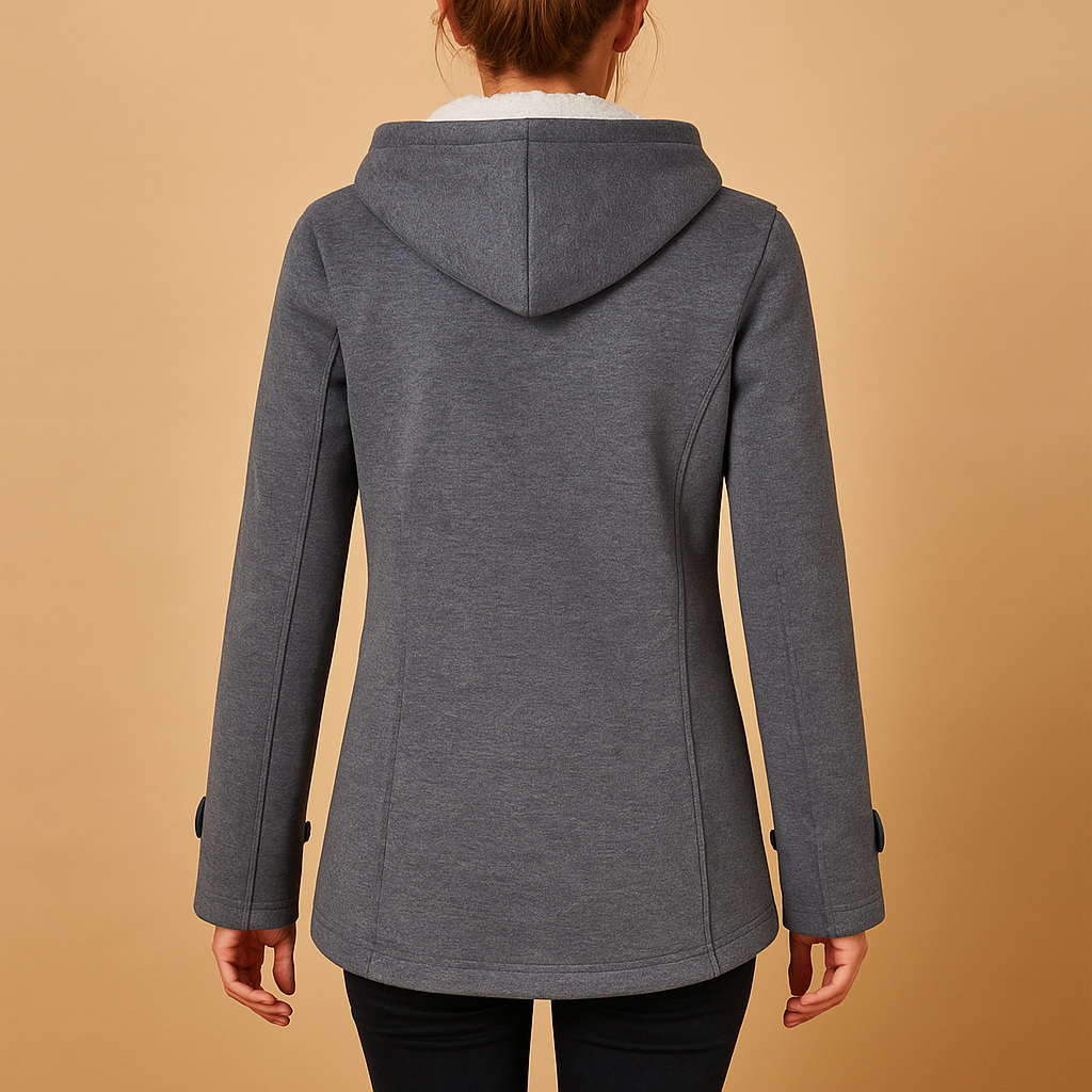 Lange winterjas met capuchon voor dames, windbestendig met moderne snit. Comfortabel en elegant, ideaal voor koude dagen en avondwandelingen.