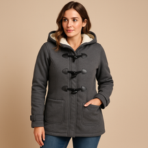 Lange winterjas met capuchon voor dames in zwart, khaki of marineblauw. Windbestendig, comfortabel en stijlvol voor koude winterdagen.