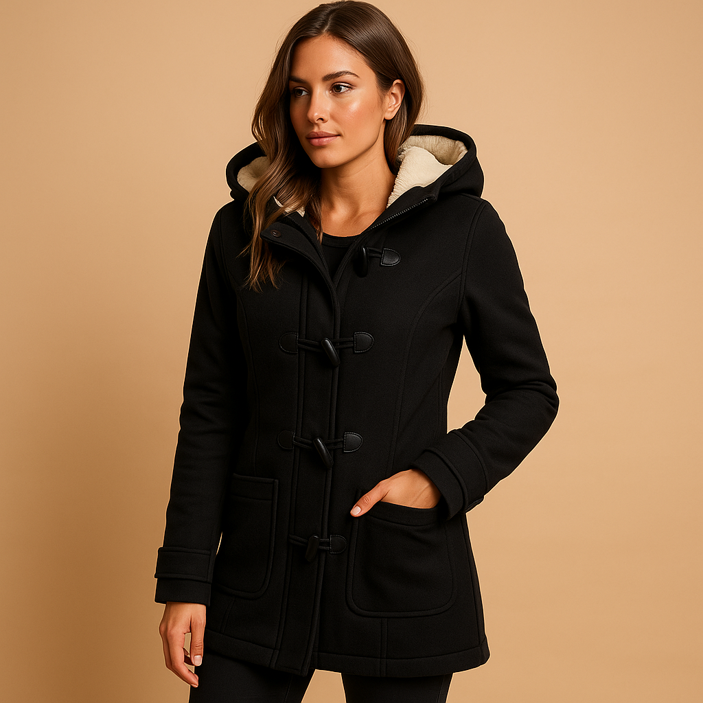Lange winterjas met capuchon voor dames in zwart, khaki of marineblauw. Windbestendig, comfortabel en stijlvol voor koude winterdagen.