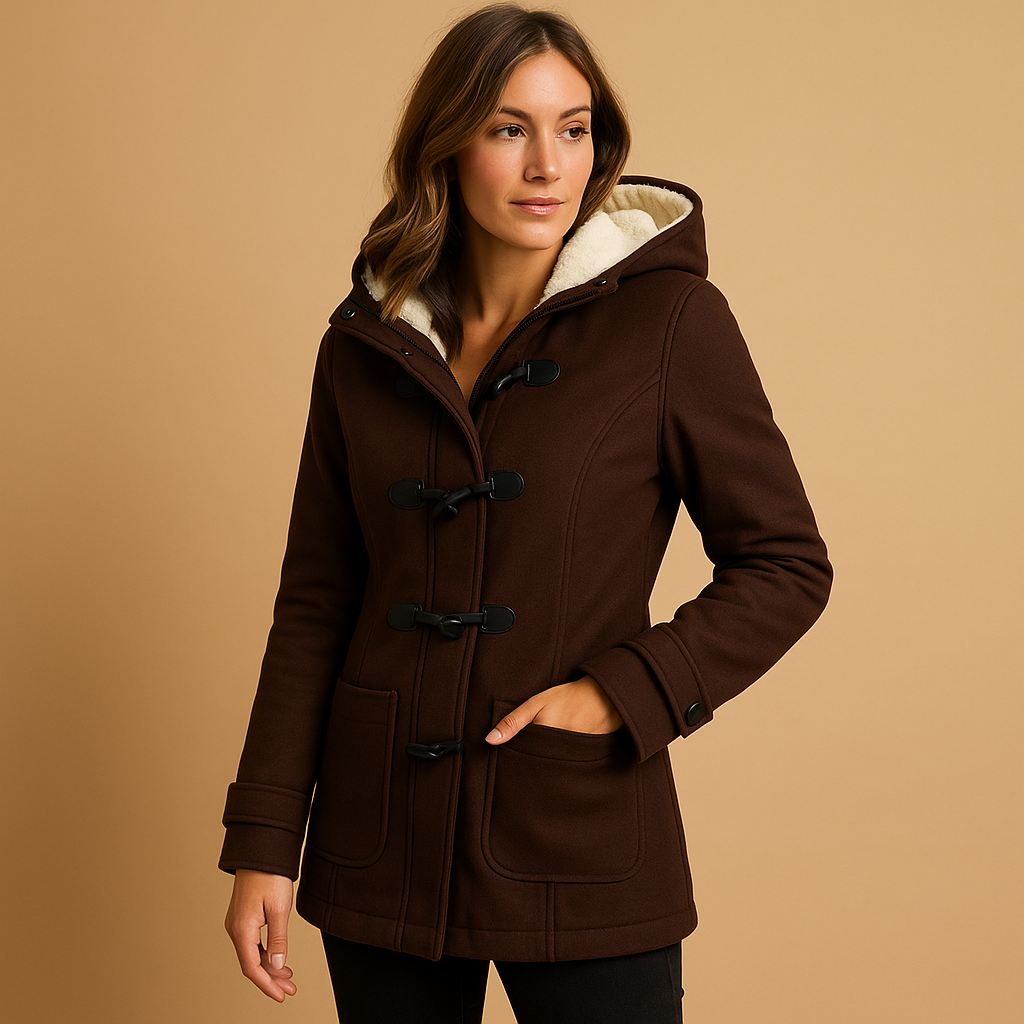 Lange winterjas met capuchon voor dames in zwart, khaki of marineblauw. Windbestendig, comfortabel en stijlvol voor koude winterdagen.