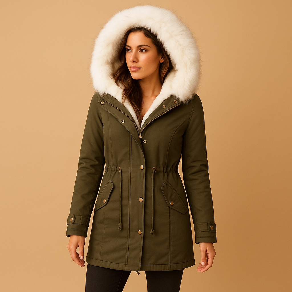 Lange winterjas voor dames met waterdichte afwerking, warme voering en imitatiebont capuchon. Ideaal voor stad, reizen en koude winterdagen.