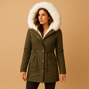 Lange winterjas voor dames met waterdichte afwerking, warme voering en imitatiebont capuchon. Ideaal voor stad, reizen en koude winterdagen.