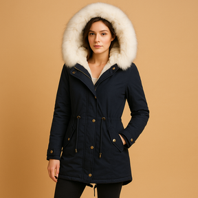 Lange winterjas voor dames met waterdichte afwerking, warme voering en imitatiebont capuchon. Ideaal voor stad, reizen en koude winterdagen.