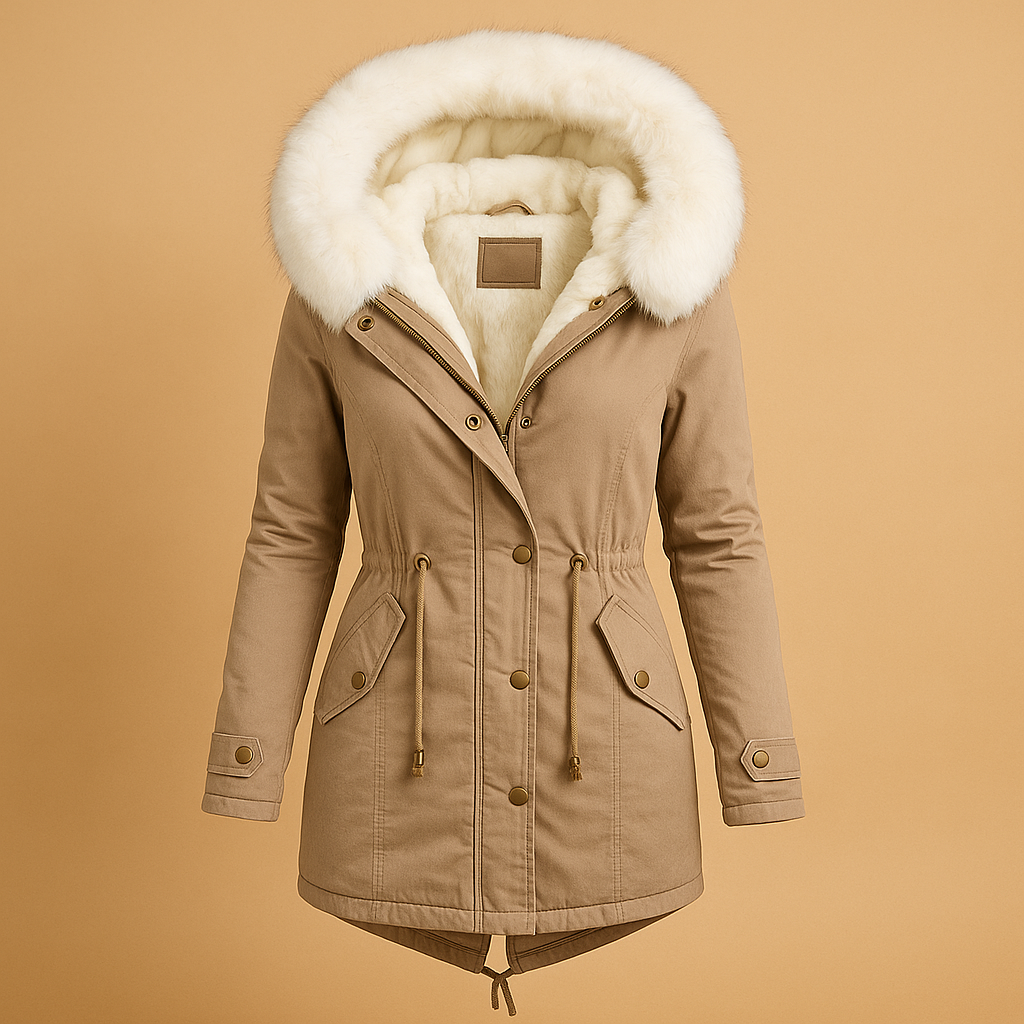 Lange winterjas voor dames met waterdichte afwerking, warme voering en imitatiebont capuchon. Ideaal voor stad, reizen en koude winterdagen.