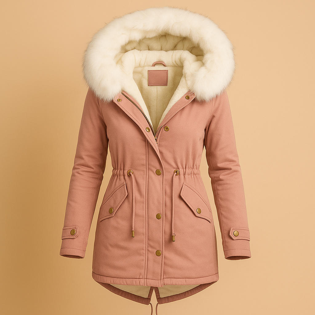 Lange winterjas voor dames met waterdichte afwerking, warme voering en imitatiebont capuchon. Ideaal voor stad, reizen en koude winterdagen.