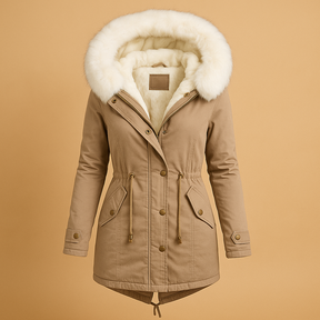 Lange winterjas voor dames met imitatiebont capuchon, warme voering en waterafstotende buitenlaag, verkrijgbaar in meerdere stijlvolle kleuren.