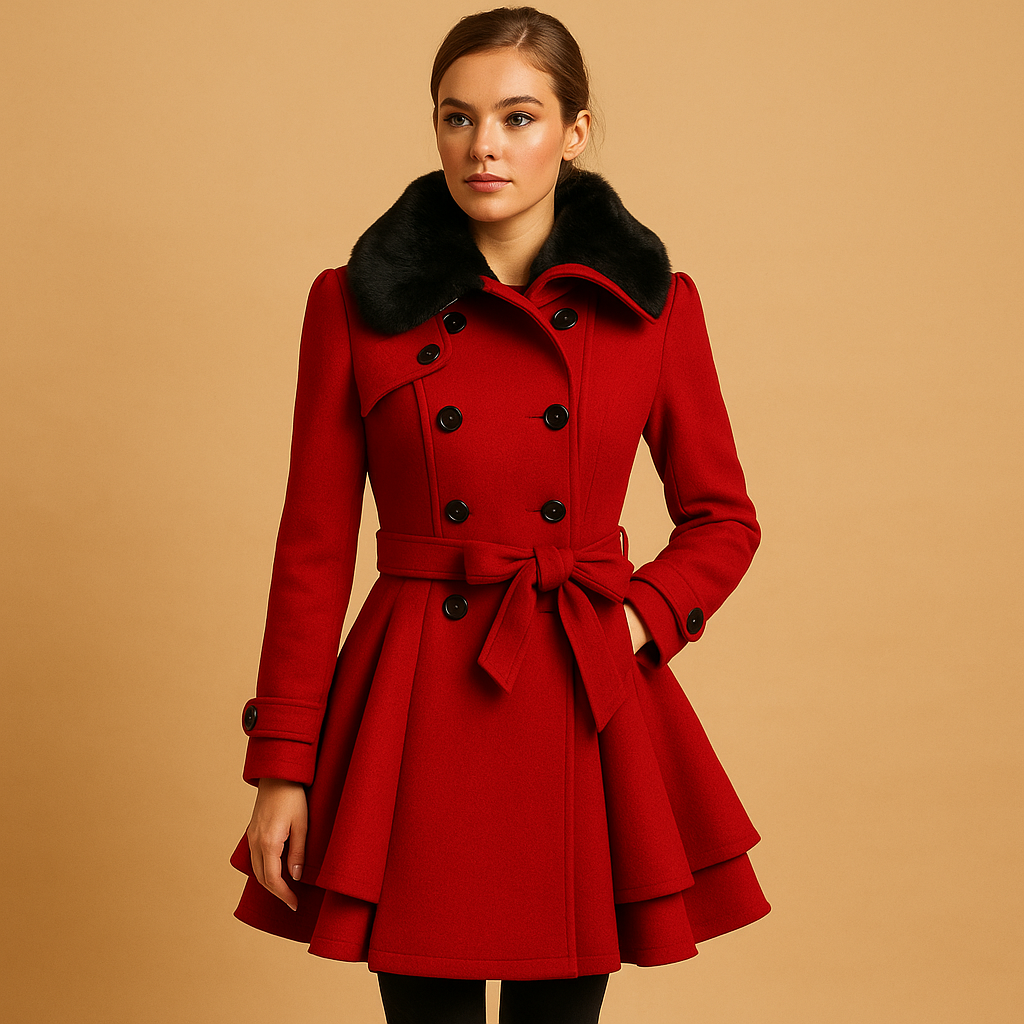 Lange winterjas met imitatiebontkraag voor dames in zwart, rood, beige of blauw. Warm, stijlvol en perfect voor casual en chique looks.