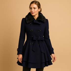 Lange winterjas met imitatiebontkraag voor dames in zwart, rood, beige of blauw. Warm, stijlvol en perfect voor casual en chique looks.