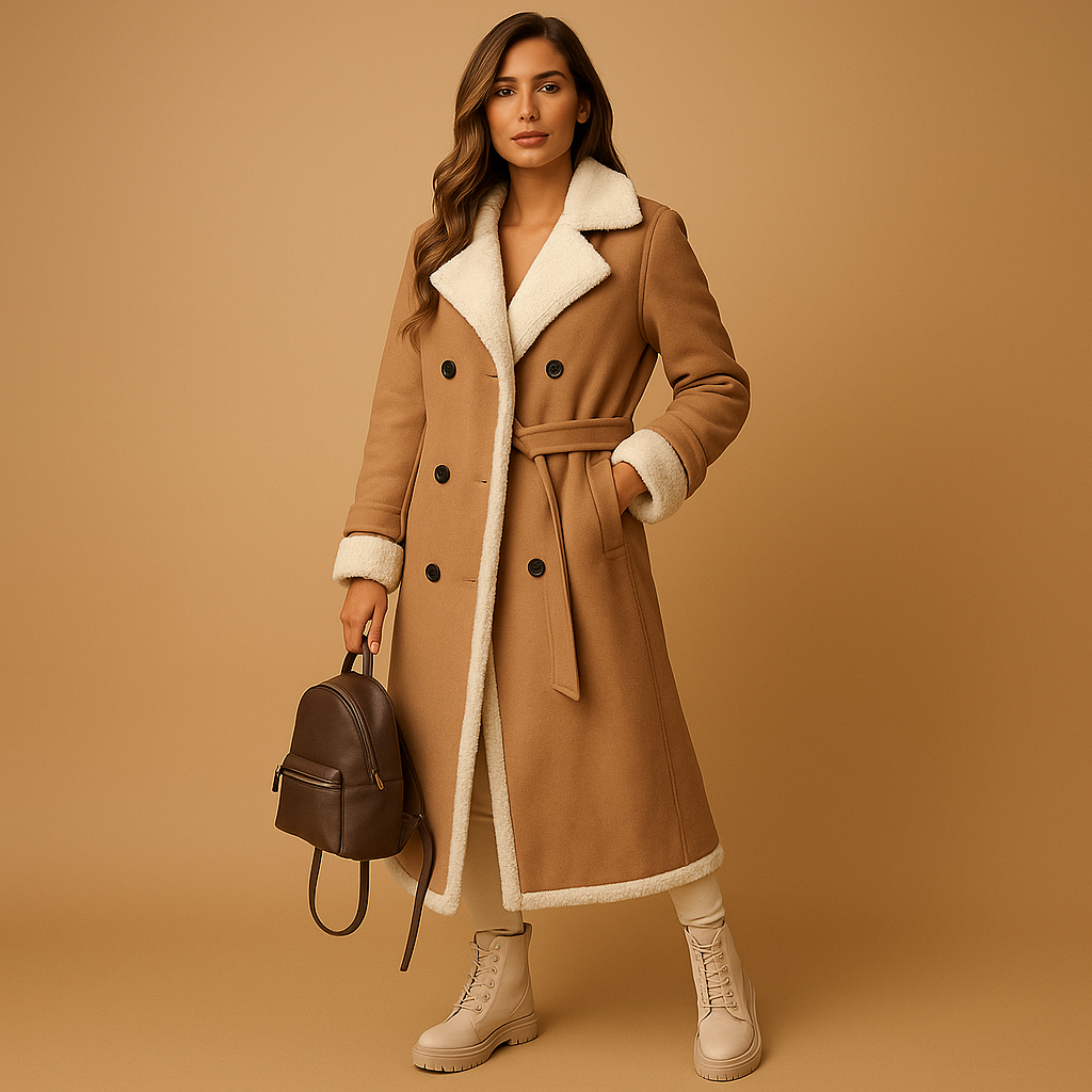 Lange dames winterjas van kasjmiermix met reverskraag en elegante pasvorm, perfect voor koude dagen.