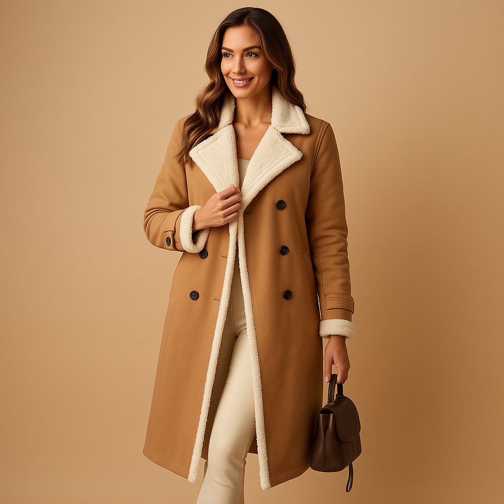 Lange dames winterjas van kasjmiermix met reverskraag en elegante pasvorm, perfect voor koude dagen.
