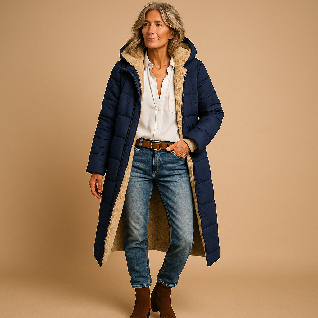 Lange winterjas voor dames in zwart, beige of donkerblauw, met moderne snit en warme isolatie voor koude dagen.