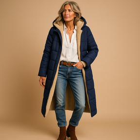 Lange winterjas voor dames in zwart, beige of donkerblauw, met moderne snit en warme isolatie voor koude dagen.