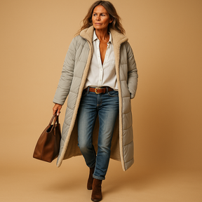 Lange winterjas voor dames in zwart, beige of donkerblauw, met moderne snit en warme isolatie voor koude dagen.