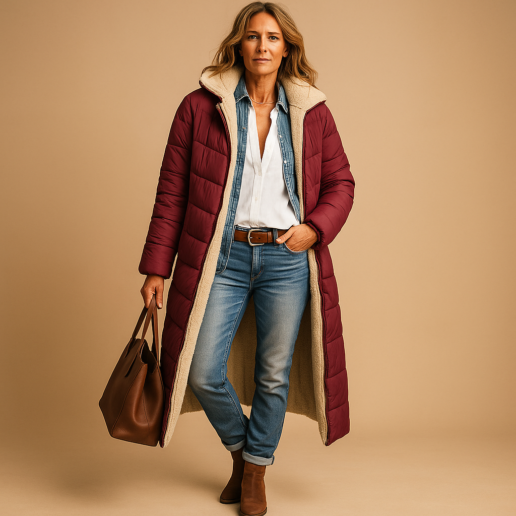 Lange winterjas voor dames in zwart, beige of donkerblauw, met moderne snit en warme isolatie voor koude dagen.