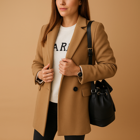Lange winterjas voor dames met elegant enkelrijig design en warme pasvorm. Beschikbaar in grijs, blauw en camel, ideaal voor koude dagen.