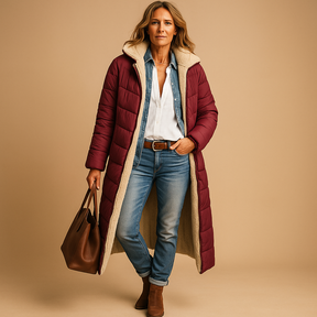 Lange winterjas voor dames in zwart, beige of donkerblauw, met moderne snit en warme isolatie voor koude dagen.