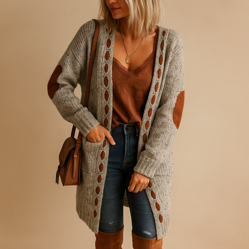 Lichtgewicht gebreid vest voor dames met lange mouwen en capuchon, ideaal voor koel weer en casual tot semi-formele looks.