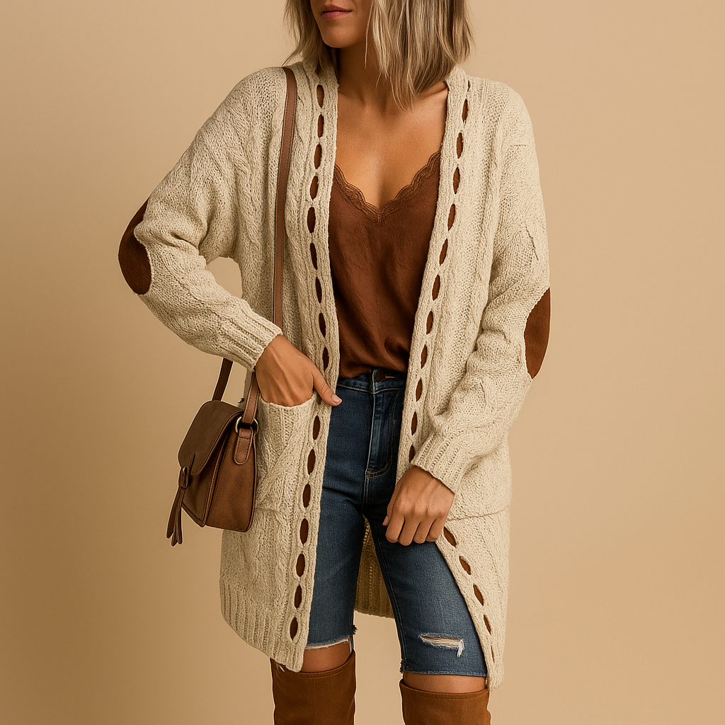 Lichtgewicht gebreid vest voor dames met lange mouwen en capuchon, ideaal voor koel weer en casual tot semi-formele looks.