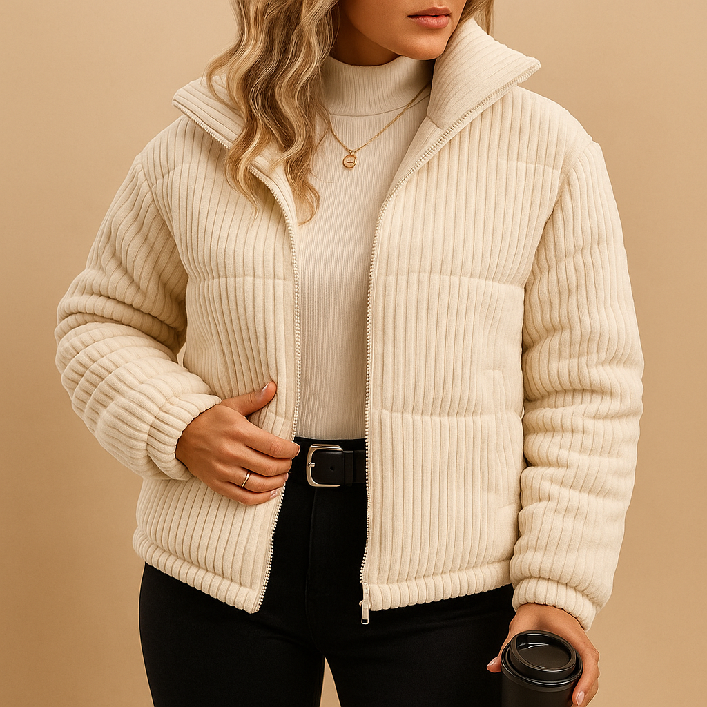 Dames pufferjas met getailleerde pasvorm, hoge kraag en waterafstotende buitenlaag, perfect voor koude en natte dagen.