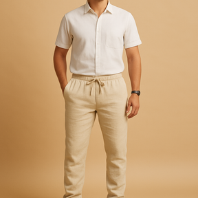 Linnen herenbroek met ademende stof en comfortabele pasvorm in neutrale tinten, ideaal voor zomerse dagen en casual elegantie.