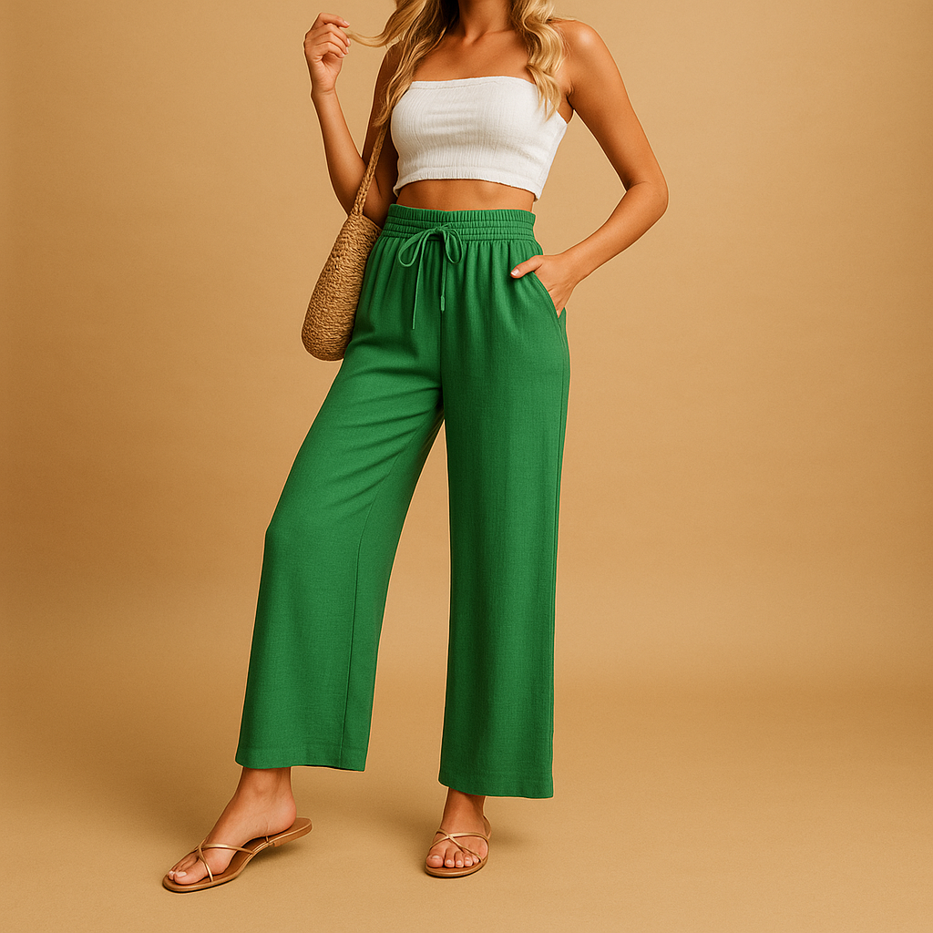 Dames loungebroek met hoge taille, rechte pijpen en soepele stof, perfect voor thuis, ontspanning of casual outfits.