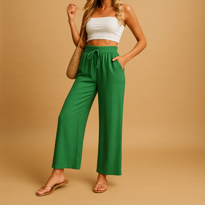 Dames loungebroek met hoge taille, rechte pijpen en soepele stof, perfect voor thuis, ontspanning of casual outfits.