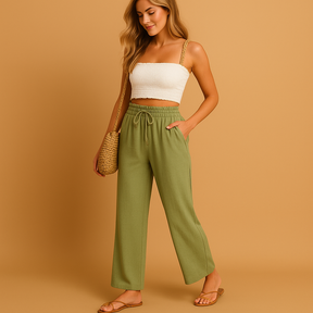 Dames loungebroek met hoge taille, rechte pijpen en soepele stof, perfect voor thuis, ontspanning of casual outfits.